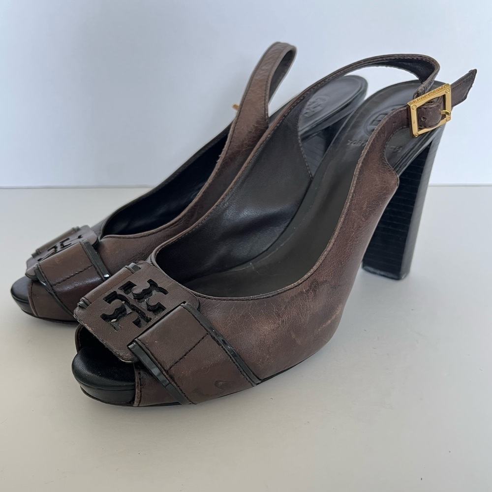 Tory Burch Brown Open Toe Slingback Wood Heel Size 8 Medium - Picture 9 of 9